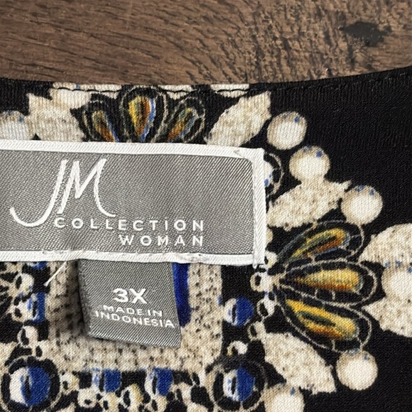 JM Collection Women Top Sz 3X Black Tan Royal blue Gem Print Keyhole Blouse - Picture 5 of 8